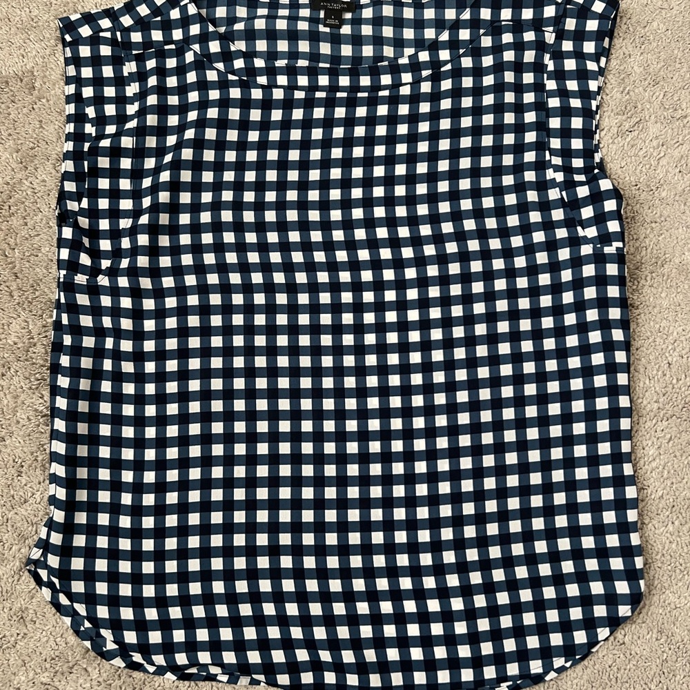 Ann Taylor Navy and White Gingham Sleeveless Top